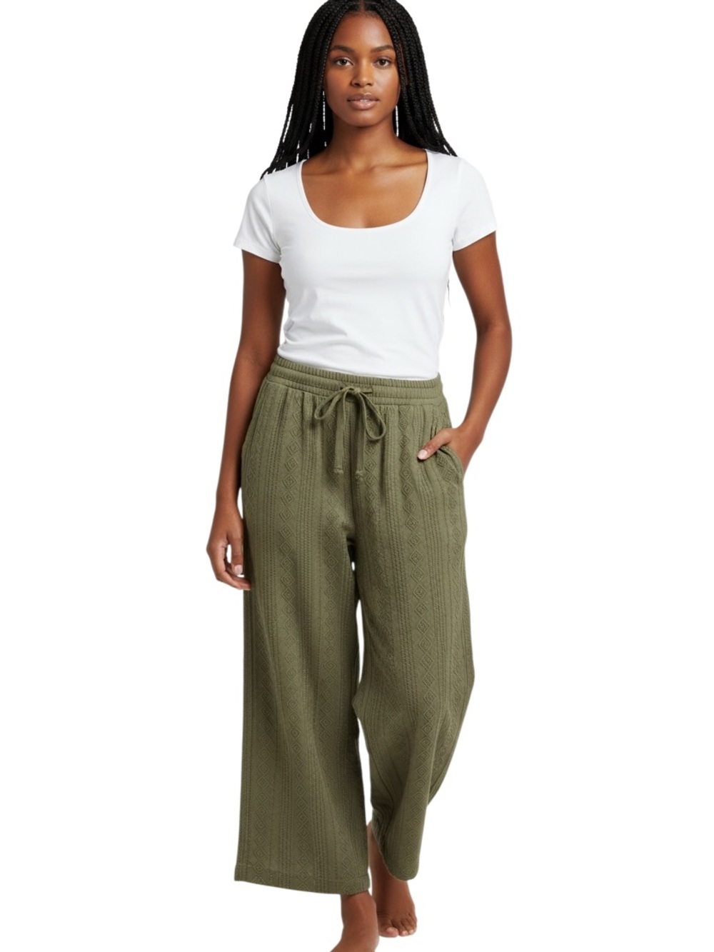 Derek Heart Olive Knit Wide-Leg Drawstring Jumpsuit